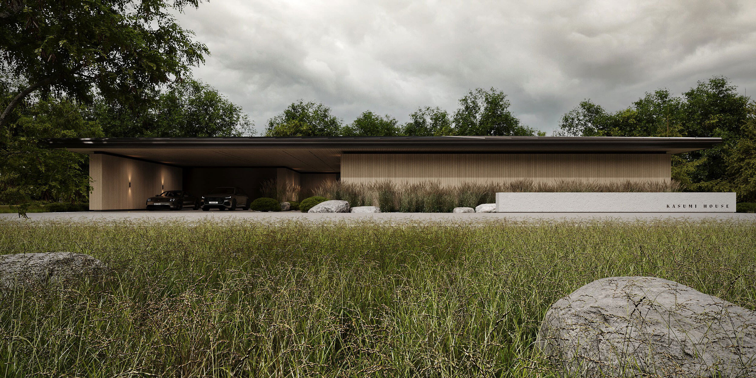 Kasumi House front elevation of a timber-clad courtyard house